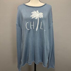 Marled Reunited Clothing L Blue Knit Sweater CHILL Embroidered Palm Tree Beachy
